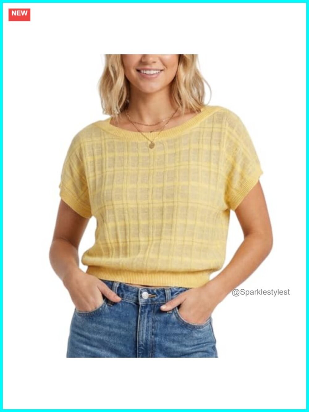 Womens Lightweight Plaid Short Sleeve Sweater Crop Top Loose Knit